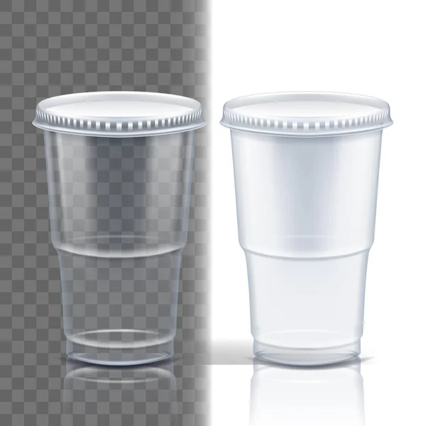 Copa de plástico Vector transparente. Vacía desechable. Taza para beber. Vajilla desechable claro contenedor vacío. Bebida fría o caliente para llevar. Ilustración realista 3D aislada — Vector de stock