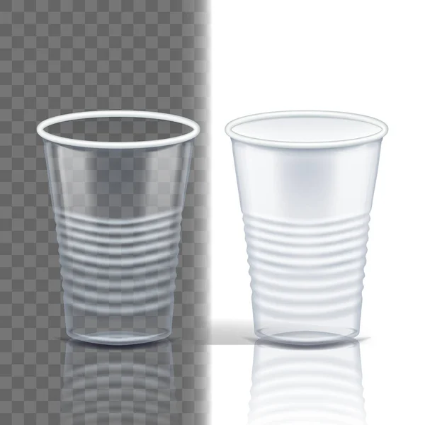 Copa de plástico Vector transparente. Café Mockup. Taza para beber. Vajilla desechable claro contenedor vacío. Bebida fría o caliente para llevar. Ilustración realista 3D aislada — Vector de stock