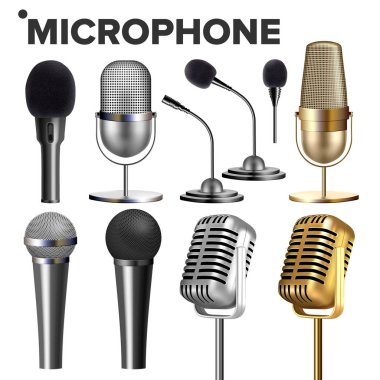 Microphone Set Vector. Audio Equipment. Music Icon. Vintage Concert. Modern And Retro. Communication Musical Symbol. Performance Karaoke Object. 3D Realistic Isolated Illustration clipart