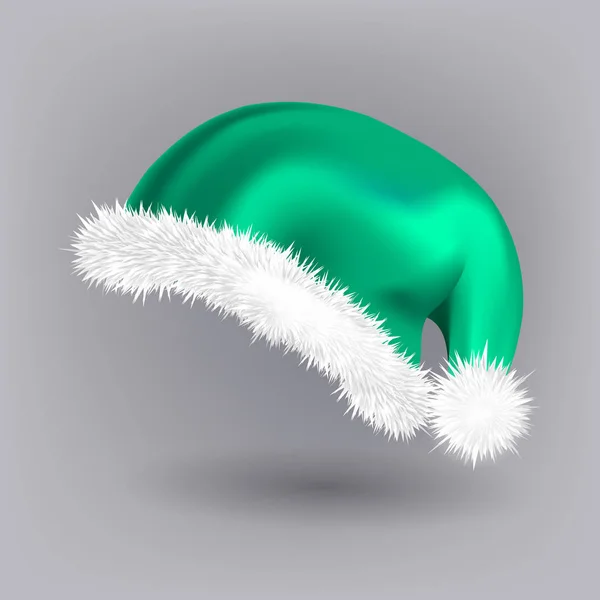 Green Santa Hat Vector. Party Icon. Head Background. Holiday Icon. Santa Claus Holiday Green And White Cap. Winter Christmas Design. Isolated Realistic Illustration — Stock Vector