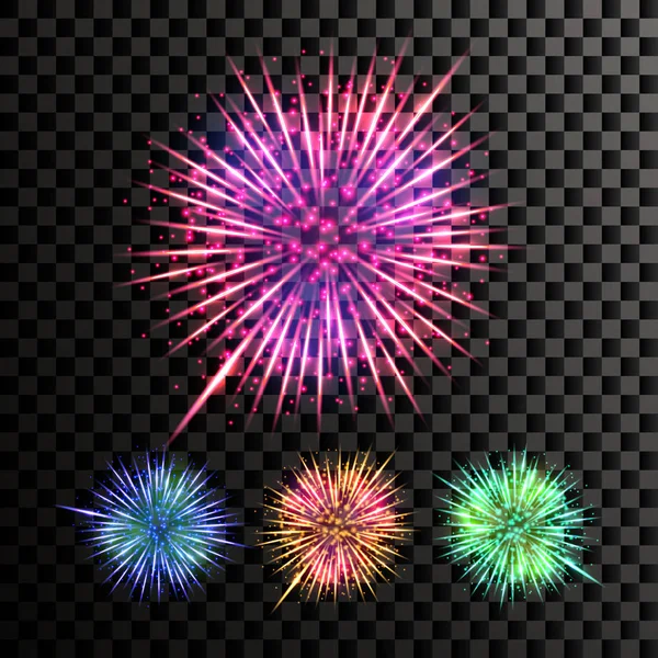 Vetor de fogo de artifício. Luz de Explosão festiva. Isolado em fundo transparente ilustração realista — Vetor de Stock