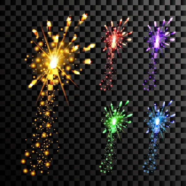 Feuerwerkskörper. Nacht Karneval light. Feiertagsgruß geplatzt. isoliert auf transparentem Hintergrund realistische Darstellung — Stockvektor