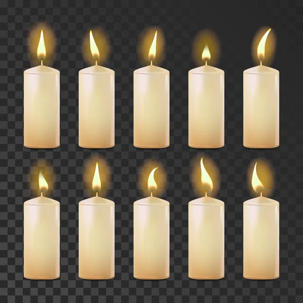 Candles Set Vector. White, Yellow. Religion, Church Prayer. Transparent Background. Isolated Realistic Illustration — Stock Vector