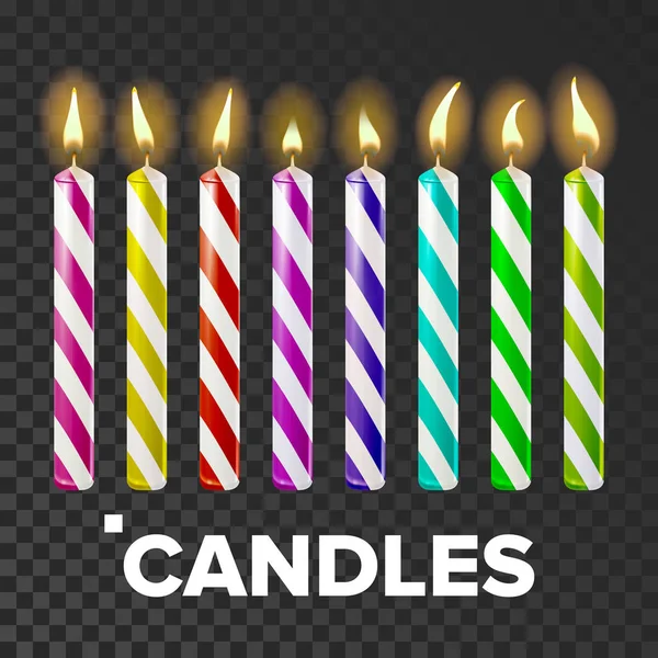 Candles Set Vector. Cake. Fire Light. Lit Wick. Glow Cake. Transparent Background. Isolated Realistic Illustration — Stock Vector