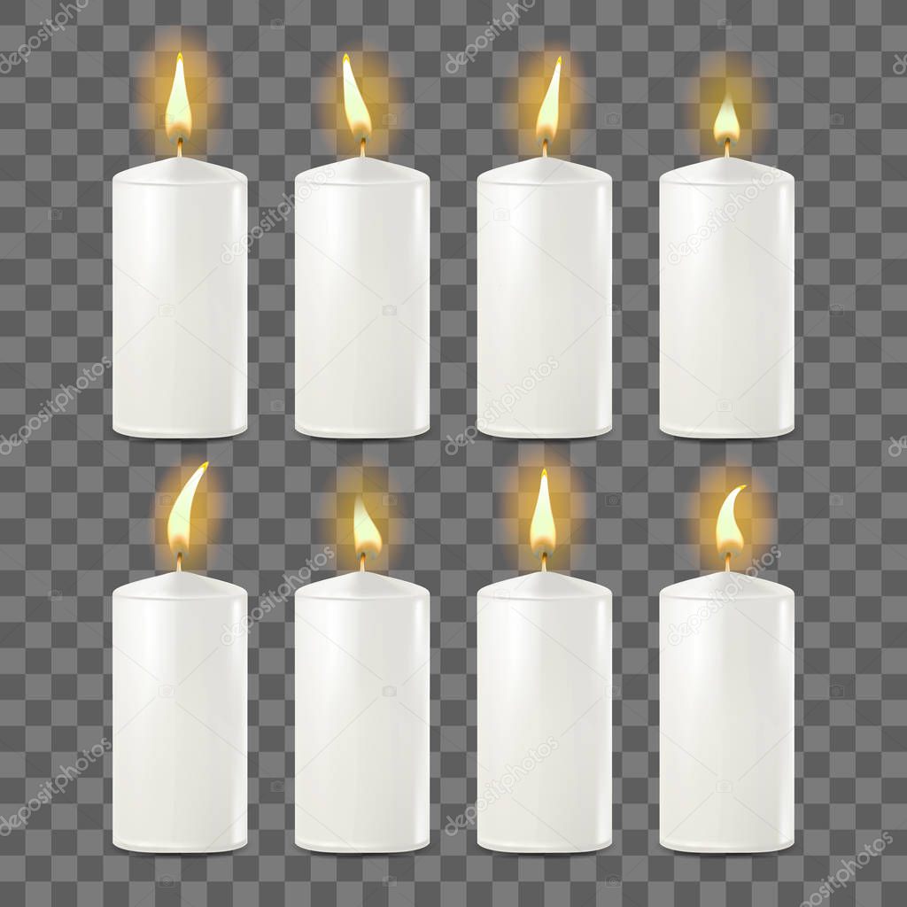 Candles Set Vector. White. Religion, Church Prayer. Transparent Background. Isolated Realistic Illustration