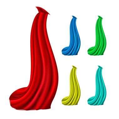 Pelerin kırmızı ipek kumaştan Set vektör. Kumaş sallayarak şekli. Kadife Tekstil perdelik. 3D gerçekçi dekorasyon eleman illüstrasyon izole