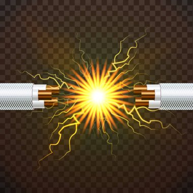 Elektrik molası kablo vektör. Elektrikçi kauçuk kordon. Bakır tel. Devre Sparks. 3D gerçekçi izole illüstrasyon