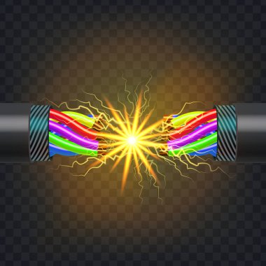 Elektrik molası kablo vektör. Elektrik devresi. Endüstriyel ağ güç. Yıldırım parlayan. 3D gerçekçi izole illüstrasyon