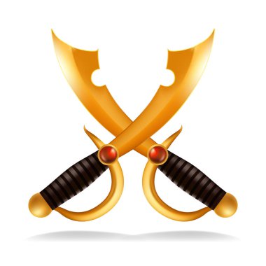 Altın çapraz kılıç kılıç vektör. Altın parlak silah. Güç güvenliğini korumak sembol. Gerçekçi illüstrasyon izole
