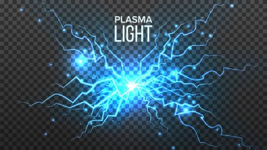 Plazma hafif vektör. Elektrik enerjisi. Enerji etkisi. Mavi kıvılcım cıvata. Gerçekçi izole şeffaf şekil