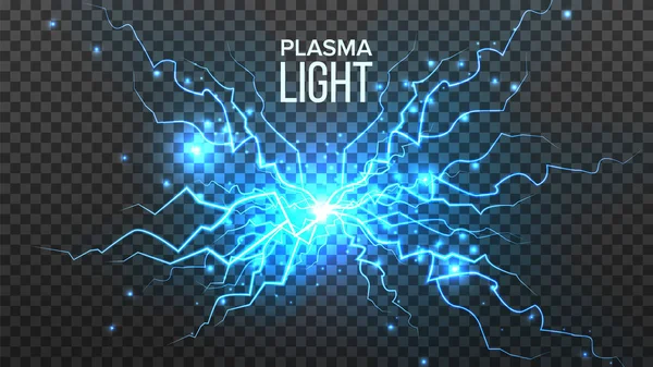 Plasma Light Vector. Electric Power. Energy Effect. Blue Spark Bolt. Realistic Isolated Transparent Illustration — Stock Vector