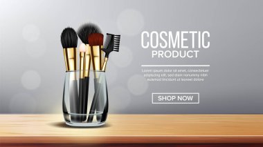 Makyaj fırça afiş vektör. Tutucu. Ahşap Stand. Kadın aksesuar. Gerçekçi izole illüstrasyon