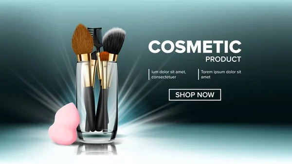 Make-up borstel Banner Vector. Glass Cup. Grote Product. Abstracte Tools. Hygiënepakket. Cosmetische schoonheid Tools. Realistische geïsoleerde illustratie — Stockvector