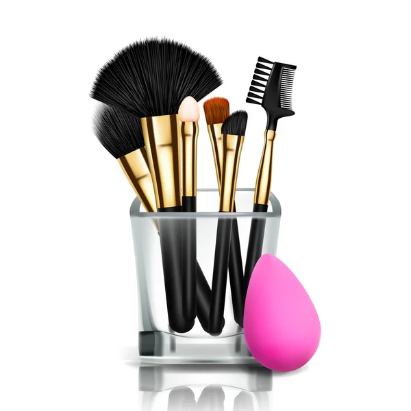 Makeup Brush Holder Vector. Glass Cup. Female Application. Equipment Collection. Beautiful Complexion. Accessory. Realistic Isolated Illustration — Stock Vector