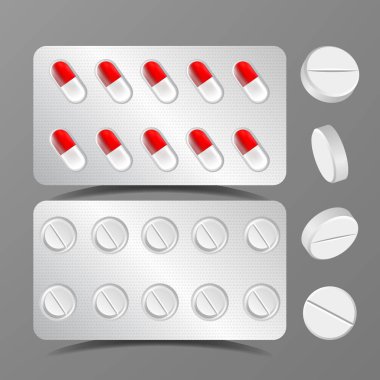 Yastıklar vektör ayarlayın. Tıbbi kapsül. Eczane antibiyotik. Yuvarlak uyuşturucu. Gerçekçi illüstrasyon izole