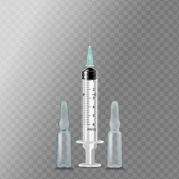 Ampoule vecteur de seringue. Thérapie médicamenteuse. Aiguille d'injection. Illustration réaliste isolée — Image vectorielle