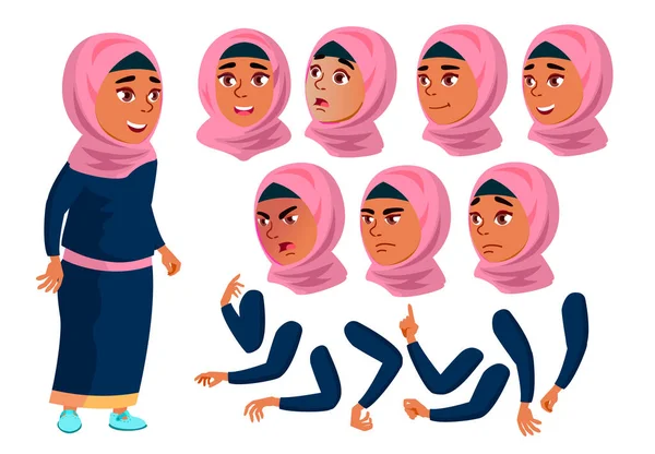 Arab, Muslim Teen Girl Vector. Adolescente. Positivo. Emociones faciales, varios gestos. Conjunto de Creación de Animación. Ilustración plana aislada del carácter de la historieta — Vector de stock