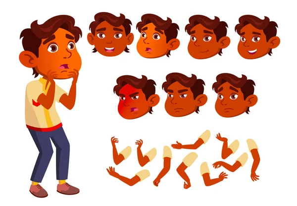 Indian Boy, Child, Kid, Teen Vector. Souris. Charmant. Bonheur Plaisir. Émotions du visage, gestes divers. Animation Création Set. Illustration de personnage de dessin animé plat isolé — Image vectorielle