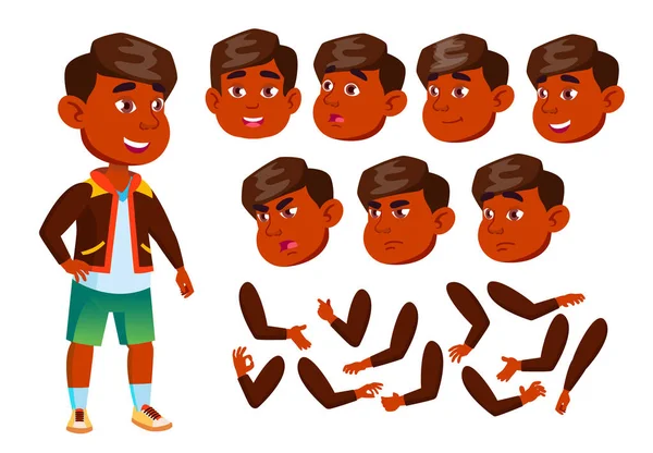 Ινδική αγόρι, παιδί, παιδί, Έφηβος διάνυσμα. Χαρούμενα μαθητή. Αντιμετωπίσει συναισθήματα, διάφορες χειρονομίες. Σετ δημιουργίας animation. Απομονωμένη επίπεδη καρτούν εικονογράφηση χαρακτήρων — Διανυσματικό Αρχείο