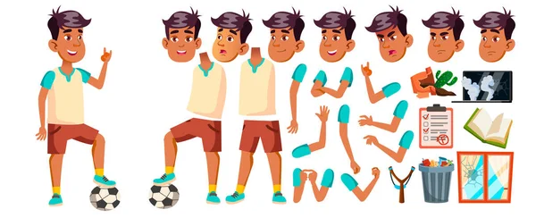 Arab, Muslim Boy Kid Vector. Un lycéen. Animation Création Set. Émotions du visage, gestes. Jeu de sport. Le foot. Sourire, Activité, Belle. Pour le Web, Poster Design. Animé. Illustration — Image vectorielle