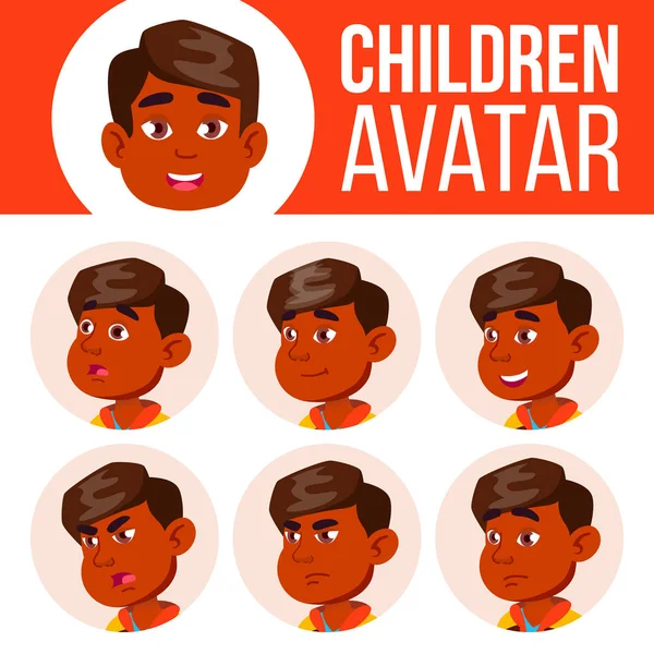 "Indian Boy Avatar Set Kid Vector". Детский сад. Лицо эмоций. Портрет, пользователь, ребенок. Джуниор, дошкольник, Кидди. Плакард, презентация. Карикатурная голова — стоковый вектор