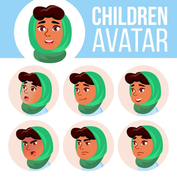 Arabské, muslimské dívky Avatar Set Kid vektor. Základní škola. Tvář emoce. Emoce, emoční. Přátelský, pláče. Kreslený obrázek hlavy — Stockový vektor