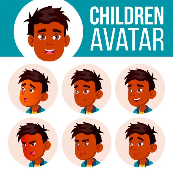 "Indian Boy Avatar Set Kid Vector". Начальная школа. Лицо эмоций. Лицо, народ. Ура, Красавица. Карта, Реклама. Карикатурная голова — стоковый вектор