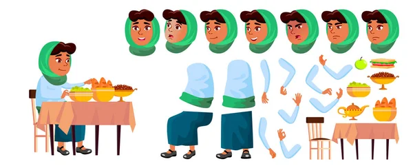 Arab, Muslim Girl Vector. Animation Creation Set. Face Emotions, Gestures. Smile. Food, Table, Lunch, Traditional Breakfast. For Web, Poster, Booklet Design. Animated. Cartoon Illustration