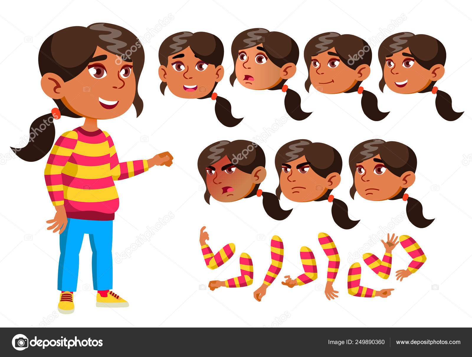 アラブ イスラム教徒の女の子 子供 子供 10 代のベクトル 笑顔 かわいい 幸福の楽しみ 顔の感情 様々 なジェスチャー アニメーション作成セットです フラット漫画キャラ イラストを分離 ストックベクター C Pikepicture