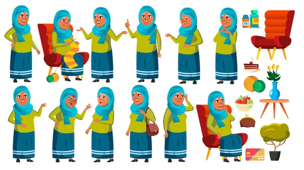 Arabische, islamitische oude vrouw vormt instellen Vector. Ouderen. Ouderdomsdeken. Leeftijd. Schattig gepensioneerde. Activiteit. Advertentie, groeten, aankondiging Design. Geïsoleerde Cartoon afbeelding — Stockvector