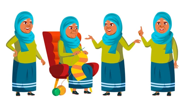 Arabische, islamitische oude vrouw vormt instellen Vector. Ouderen. Ouderdomsdeken. Leeftijd. Vrolijke grootouder. Presentatie, uitnodiging, Card Design. Geïsoleerde Cartoon afbeelding — Stockvector