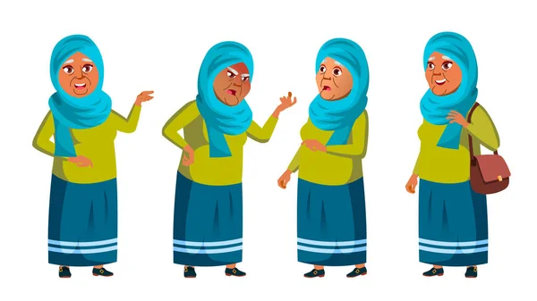 Arab, Muslim Old Woman Poses Set Vector. Elderly People. Senior Person. Aged. Positive Pensioner. Advertising, Placard, Print Design. Isolated Cartoon Illustration — Stock Vector