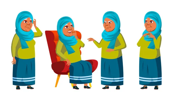Arab, Muslim Old Woman Poses Set Vector. Personas mayores. Persona mayor. Envejecido. Jubilado. Sonríe. Web, póster, diseño de cuadernillos. Ilustración de dibujos animados aislados — Vector de stock