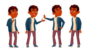 Hintli çocuk okul çocuğu çocuk Set vektör teşkil etmektedir. Lise çocuk. Genç. Kitap, çalışma alanı, yönetim kurulu. Web, broşür, afiş tasarımı için. İllüstrasyon izole karikatür