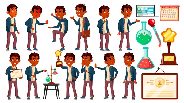 Indian Boy Schoolboy Kid Poses Set Vector. Niño de secundaria. Estudio de niños. Descubrimiento, experiencia, ciencia. Conocimiento, aprendizaje, lección. Para Publicidad, Placa, Diseño de Impresión. Ilustración aislada — Archivo Imágenes Vectoriales