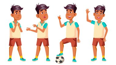 Arap, Müslüman çocuk okul çocuğu çocuk Set vektör teşkil etmektedir. Lise çocuk. Öğretim, eğitmek, atlet, futbolcu. Tanıtım, baskı, davetiye tasarım için. İllüstrasyon izole karikatür