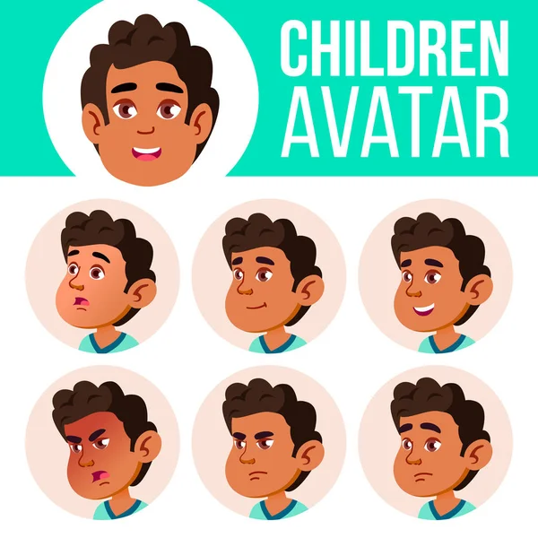 Arabské, muslimské chlapce Avatar Set Kid vektor. Mateřské školy. Tvář emoce. Šťastné dětství, pozitivní člověk. Krása, životní styl, přátelský. Karta, inzerát. Kreslený obrázek hlavy — Stockový vektor