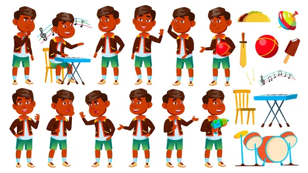Indian Boy Kindergarten Kid Poses Set Vector. Preschool. Young Person. Cheerful. For Web, Brochure, Poster Design. Isolated Cartoon Illustration — Stock Vector