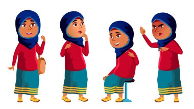 Arap, Müslüman bir kız çocuk Set vektör teşkil etmektedir. Lise çocuk. çocuk, öğrenci. Etkin, neşe, eğlence. Afiş, el ilanı, broşür tasarımı için. İllüstrasyon izole karikatür