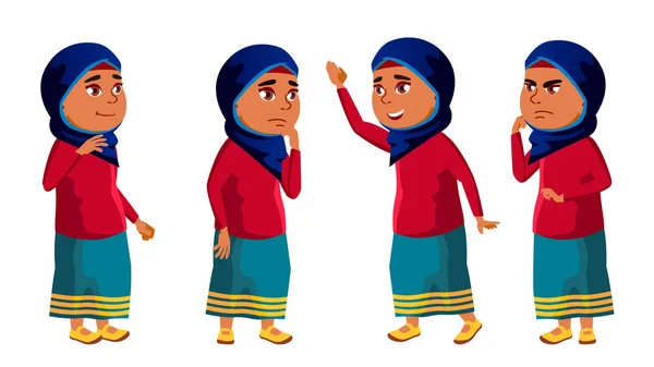 Arab, Muslim Girl Kid Poses Set Vector (en inglés). Niño de secundaria. Educación. Joven, lindo, cómico. Para Tarjeta, Anuncio, Diseño de Saludo. Ilustración de dibujos animados aislados — Vector de stock
