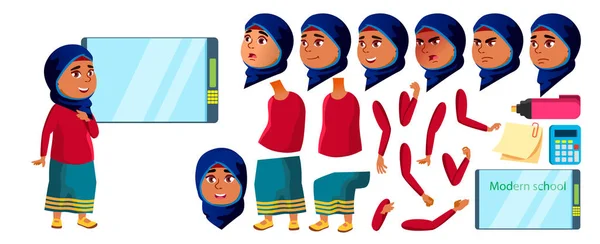 Arab, Muslim Girl Kid Vector. Niño de secundaria. Conjunto de Creación de Animación. Emociones faciales, gestos. Niño de la escuela. Septiembre, Niños de escuela, Adolescentes. Web, Folleto, Diseño de Carteles. Animado. Ilustración — Vector de stock