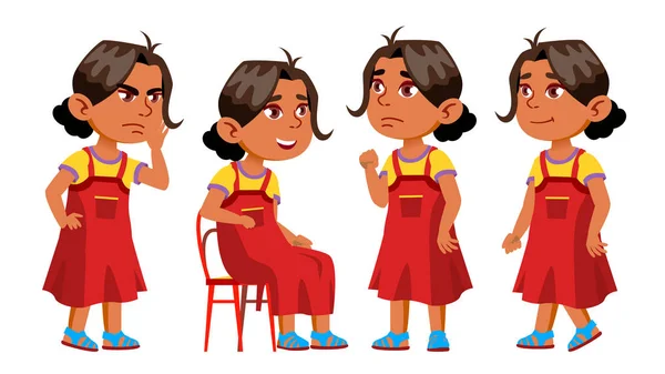 阿拉伯, 穆斯林女孩幼儿园儿童诗设置向量。快乐的孩子性格。保姆。适用于广告、问候、公告设计。孤立的动画片例证 — 图库矢量图片