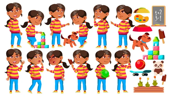 Arab, Muslim Girl Kindergarten Kid Poses Set Vector. Preschooler Playing. Friendship. For Web, Poster, Booklet Design. Isolated Cartoon Illustration Vector Graphics