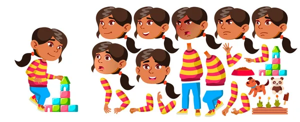 Arab, Muslim Girl Kindergarten Kid Vector. Conjunto de Creación de Animación. Emociones faciales, gestos. Carácter de niños felices. Niñera. Tarjeta, Anuncio, Diseño de saludos. Animado. Ilustración aislada — Vector de stock