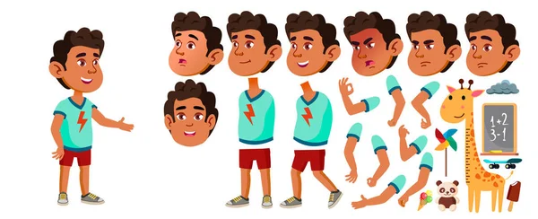 Arab, Muslim Boy Kindergarten Kid Vector. Animation Création Set. Émotions du visage, gestes. Expression de bébé. La maternelle. La vie. Présentation, impression, conception d'invitation. Animé. Illustration de bande dessinée — Image vectorielle