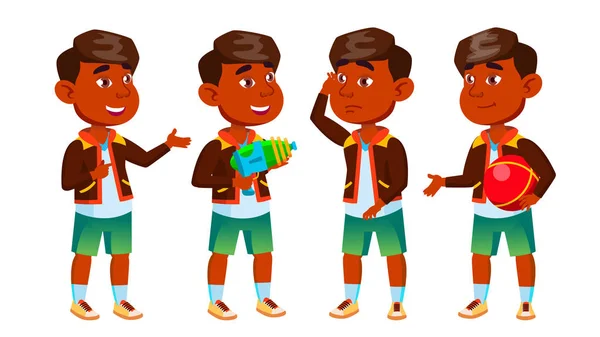 Indian Boy Kindergarten Kid Poses Set Vector. Suonare all'asilo. Amicizia. Per Web, Poster, Booklet Design. Illustrazione isolata del fumetto — Vettoriale Stock