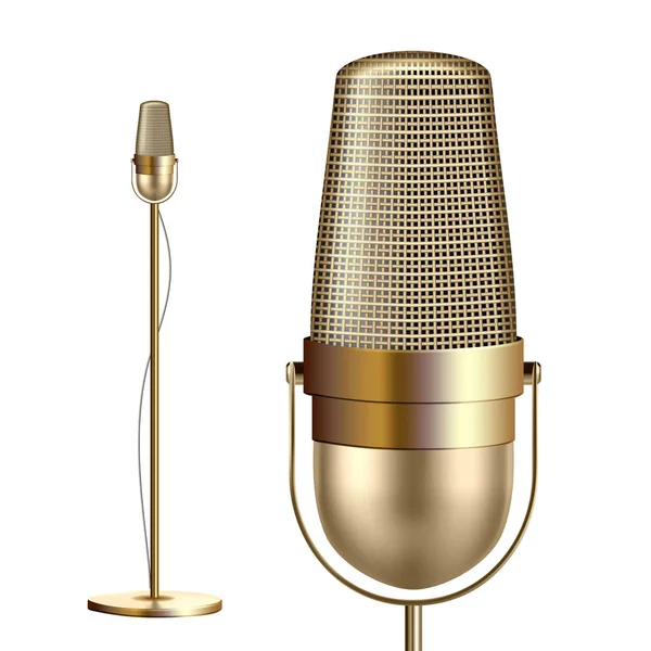 Retro Golden Microphone with Stand Vector. Музыкальный инструмент. Media Vocal Element. Иллюстрация — стоковый вектор