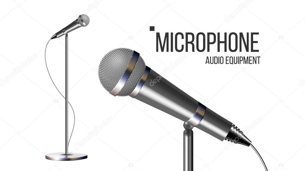 Modern Microphone With Stand Vector. Conference Broadcast. Digital Volume. Mic Isolated. Illustration