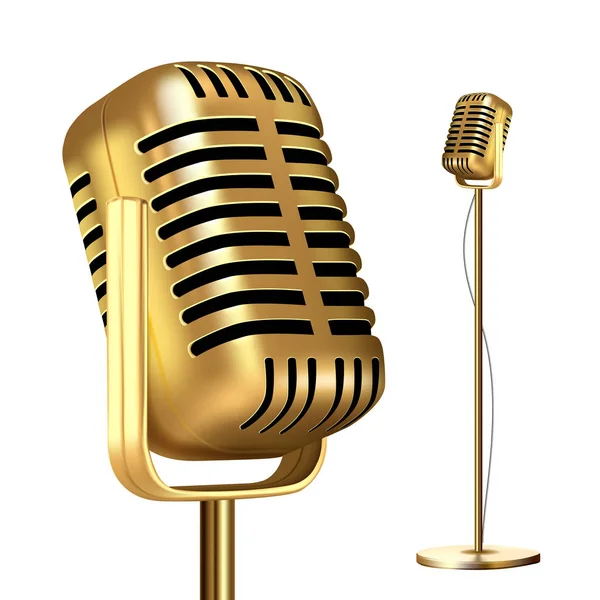 Retro Golden Microphone with Stand Vector. Record Stage. Live Concert. В эфире. Иллюстрация — стоковый вектор