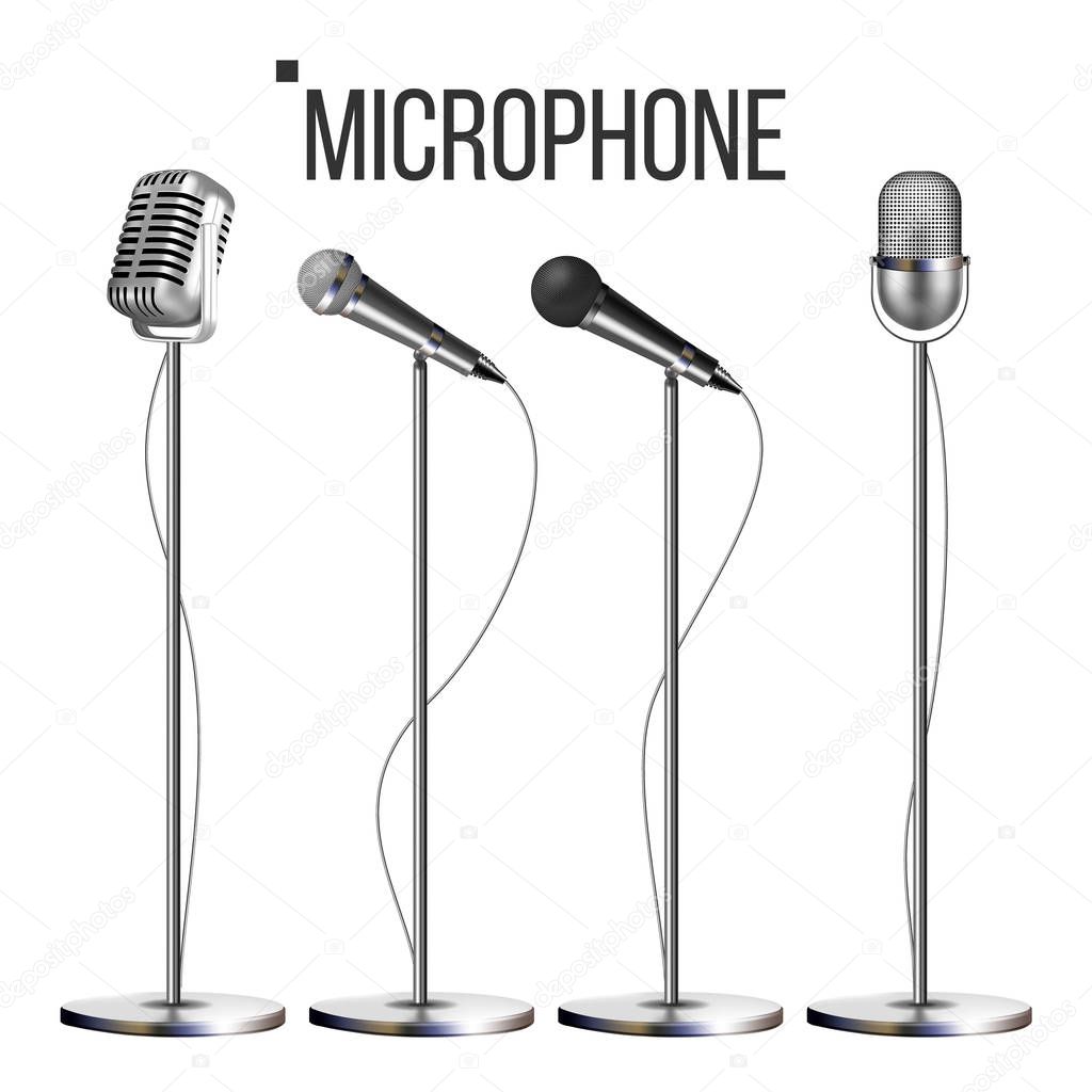 Microphone Set With Stand Vector. Music Icon. Vintage Concert. Modern And Retro. Audio Communication Musical Symbol. Performance Object. Illustration